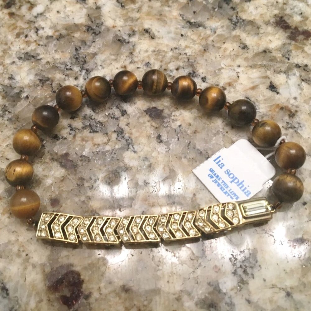 Lia Sophia Tigers Eye Bracelet Gold Plate & Crystal 7 1/4" Stretch NWT M544